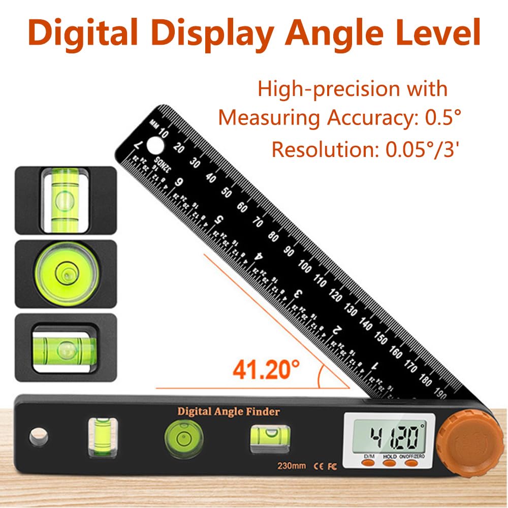 TopHomer Rapporteur d'angle numérique 190 mm avec écran LCD et niveau à bulle, outil de mesure d'angle à 360° pour le travail du bois, la construction et le bricolage