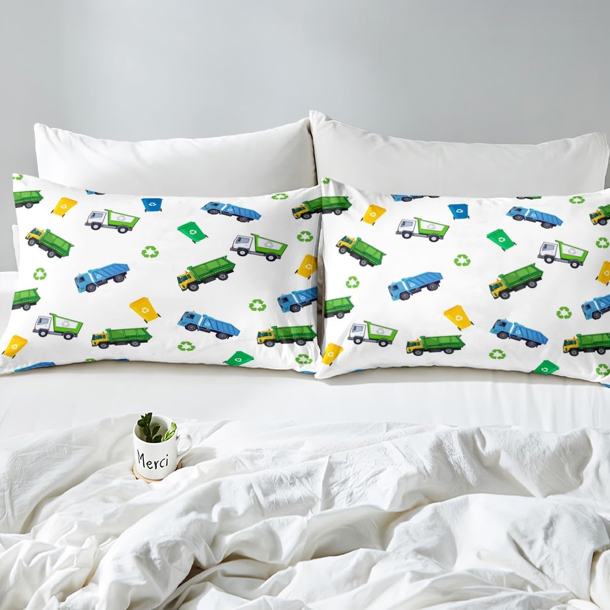 Garbage Truck Sheet Set Kids Full Size Cartoon Car Bedding Set for Boys Teens Girls Room Decor Child Soft White Green Blue Bed Sheet Waste Management Recycling Vehicles Fitted + Flat Sheet 4Pcs