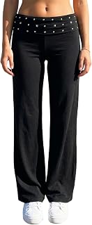 Women Y2K Fold Over Pants Rivet Foldover Wide Leg Flare Leggings