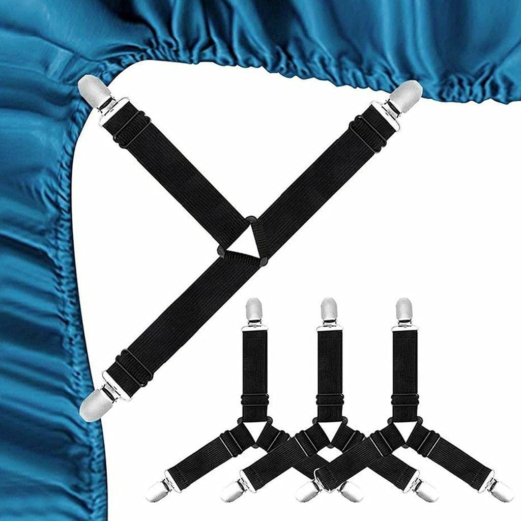 Zukhruf Black 4Pcs Bed Sheet Straps, Mattress Cover Bed Sheets Clips To Hold Sheets In Place, Elastic Bed Sheet Suspenders Adjustable Bed Bands Fasteners Heavy Duty Grippers