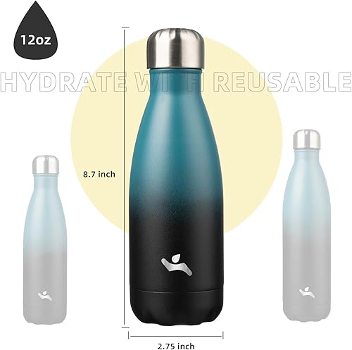 Miniatura 3 de Botella de agua 12 oz, termo de metal Vacumm con aislamiento de doble pared de acero inoxidable para viajes deportivos, color negro