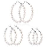 Ajcotahm 3 Pairs Pearl Hoop Earrings, Fashion White Pearl Earrings Jewelry for Women Girlfriend Brides(3 Size)