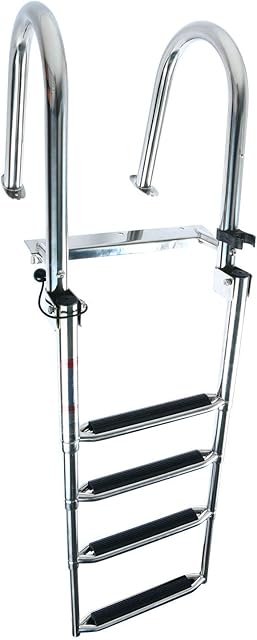 DasMorine 4 Step Stainless Steel Pontoon Boat Ladder, Folding Telescoping Rear Entry Inboard Ladder Heavy Duty Custom Swim Deck Ladder with Pedal Hand Railing Ladder Dock Ladder Extra Wide Step
