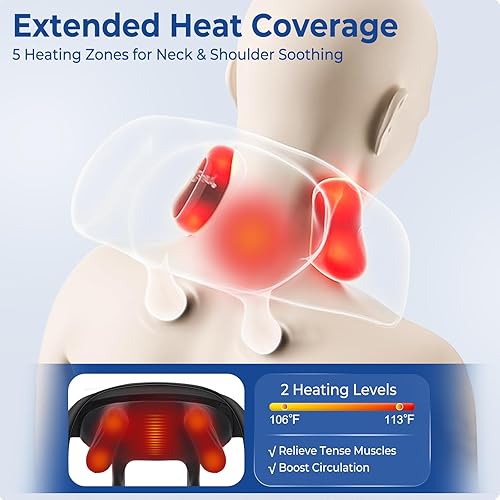 Miniatura 4 de KingPavonini Masajeador de cuello ajustable de ancho con 5 zonas de calor, masajeador de hombro Shiatsu inalámbrico 6D para aliviar el dolor de