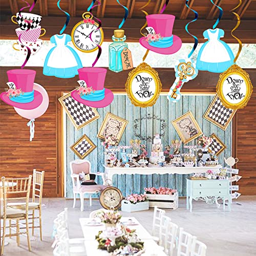 Image of 20Pcs Alice Hanging Swirl Decorations for Wonderland Theme Birthday Party, Baby Shower, Girl First Birthday, Tea Party Decorations