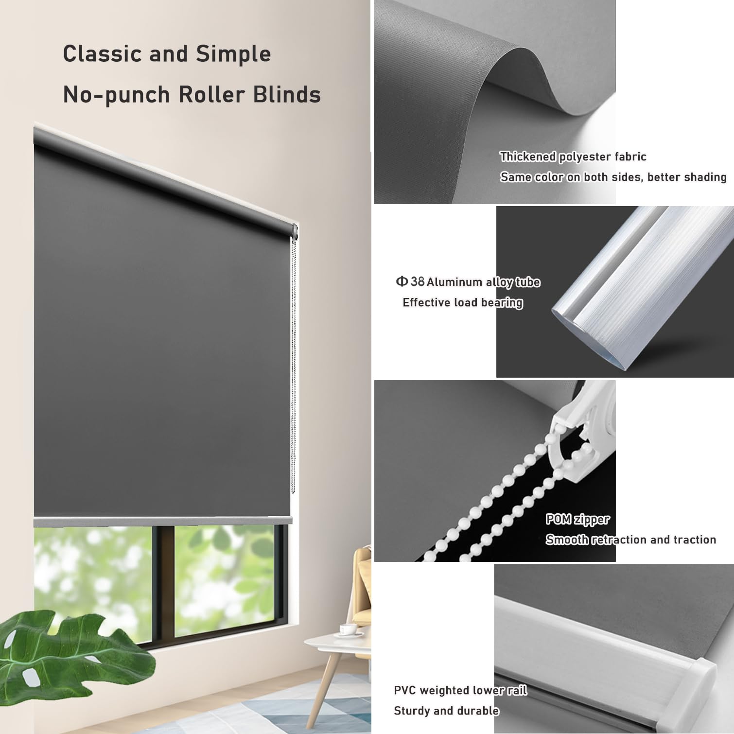 Estor Enrollable Sin Taladrar,Cortinas Opaco,Tela Poliéster Gris Oscuro,Persiana Térmica Blackout para Ventanas de Interior con Caden,Personalizadas,Ancho x Alto（55W x 140H cm）