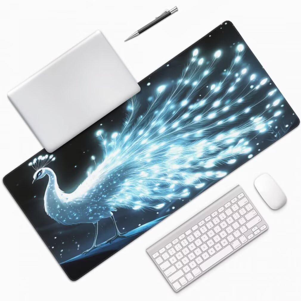 Alfombrilla Raton XXL 1000 x 500 x 3 mm, Mouse Pad Grande Gaming, Alfombrilla de Raton Pavo Real Blanco Mousepad Lavable Desk Mat para Juegos Y Oficina, Impermeable y Antideslizante (Pájaro) -MP1581