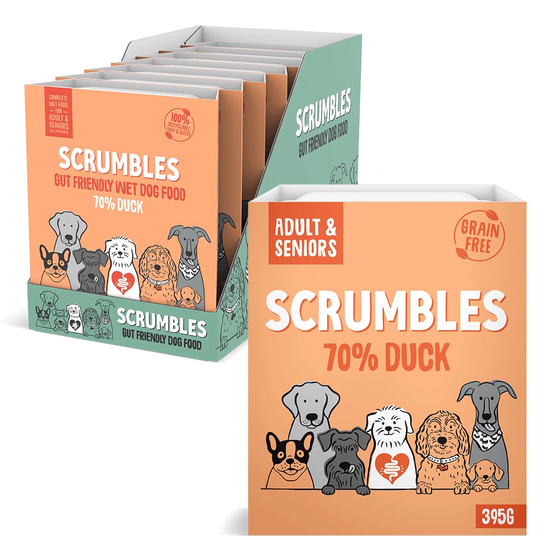 Scrumbles • Wet Dog Food • Hypoallergenic • All Lifestages • Duck 70% • 2.76kg (7 Trays x 395g) • Natural Complete Adult Recipe • Gut Friendly Prebiotics
