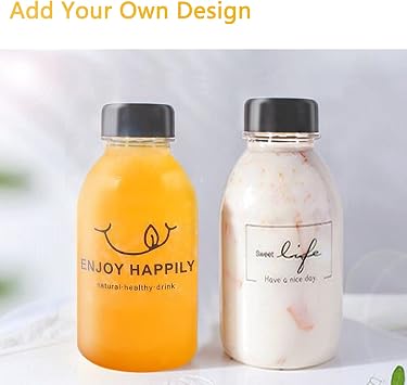 YBCPACK 12 Pack 8 OZ (250 ml) Clear Plastic Juice Bottles with Lids,1 Brush - Empty Plastic Smoothie Bottles Ideal for Juice, Milk, Homemade Beverages