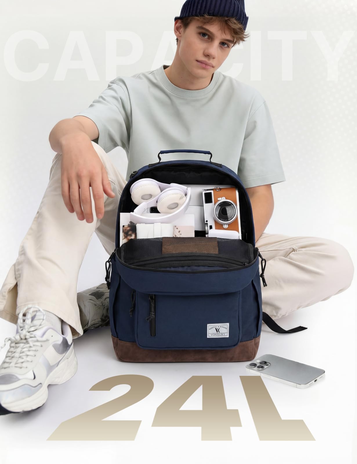 VX VONXURY Sac à Dos Homme Sac a Dos Ordinateur pour 15,6/17 Pouces Sac a Dos Femme Travail avec Multi-Poches Voyage pour Cartable College pour École - 16L