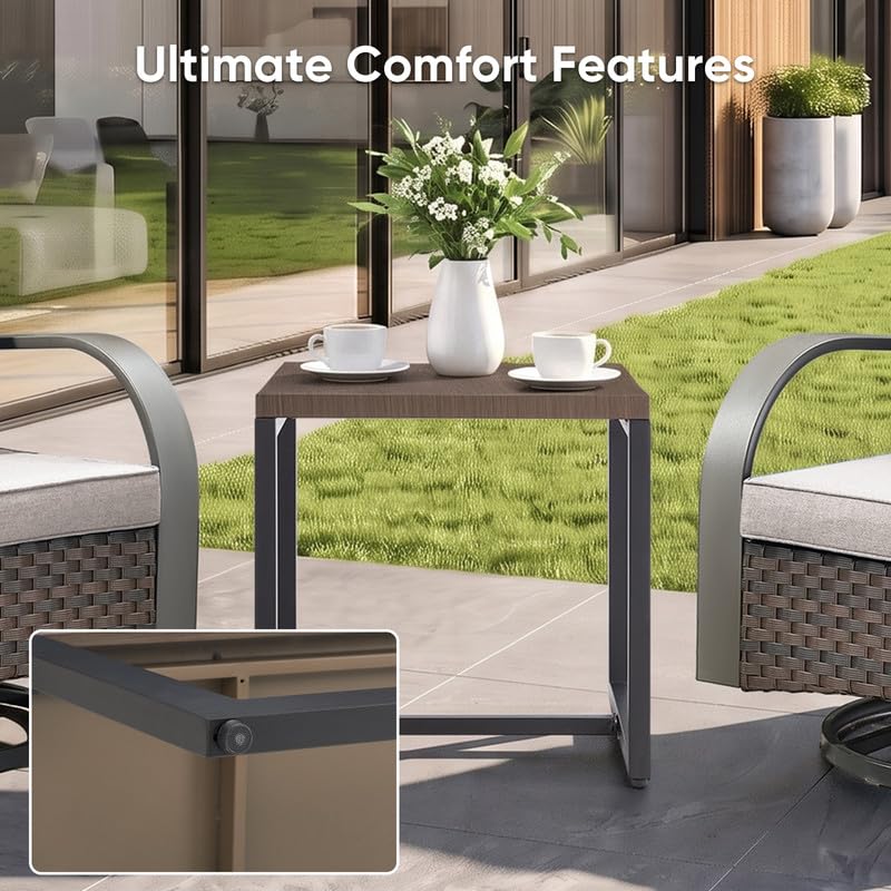 Image of 3 Piece Outdoor Patio Wicker Swivel Rocker Chairs with Table, Beige Cushion | Metal Wide Armrest, Wicker Outdoor Furniture Set, Water-Resistant, Fade-Resistant, Removable Cover, Stain-Resistant