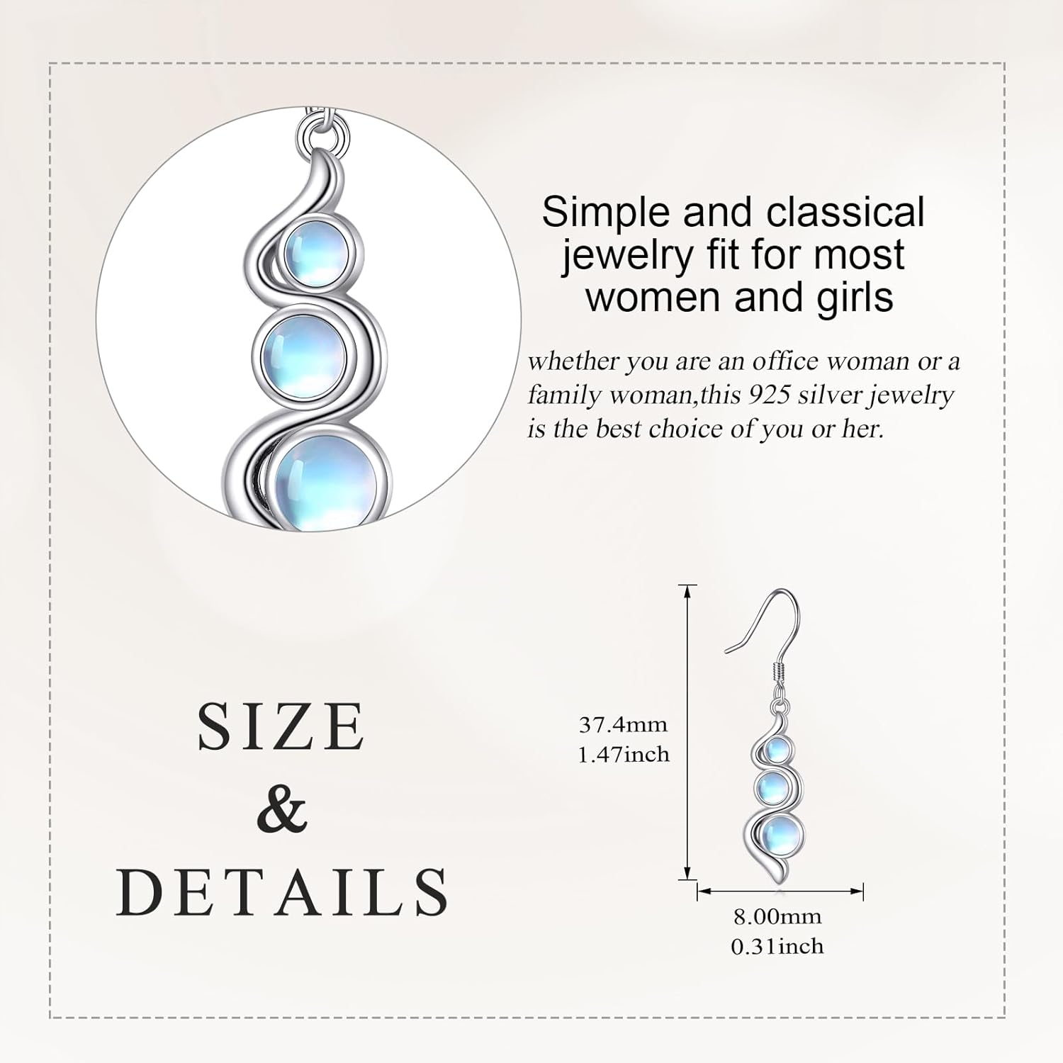 Gemstone Drop Earrings 925 Sterling Silver Turquoise/Moonstone/Moss Agate Dangle Earrings for Women Creative Curve Line Earrings for Girls Turquoise/Moonstone/Moss Agate Jewelry Gift - Image 5