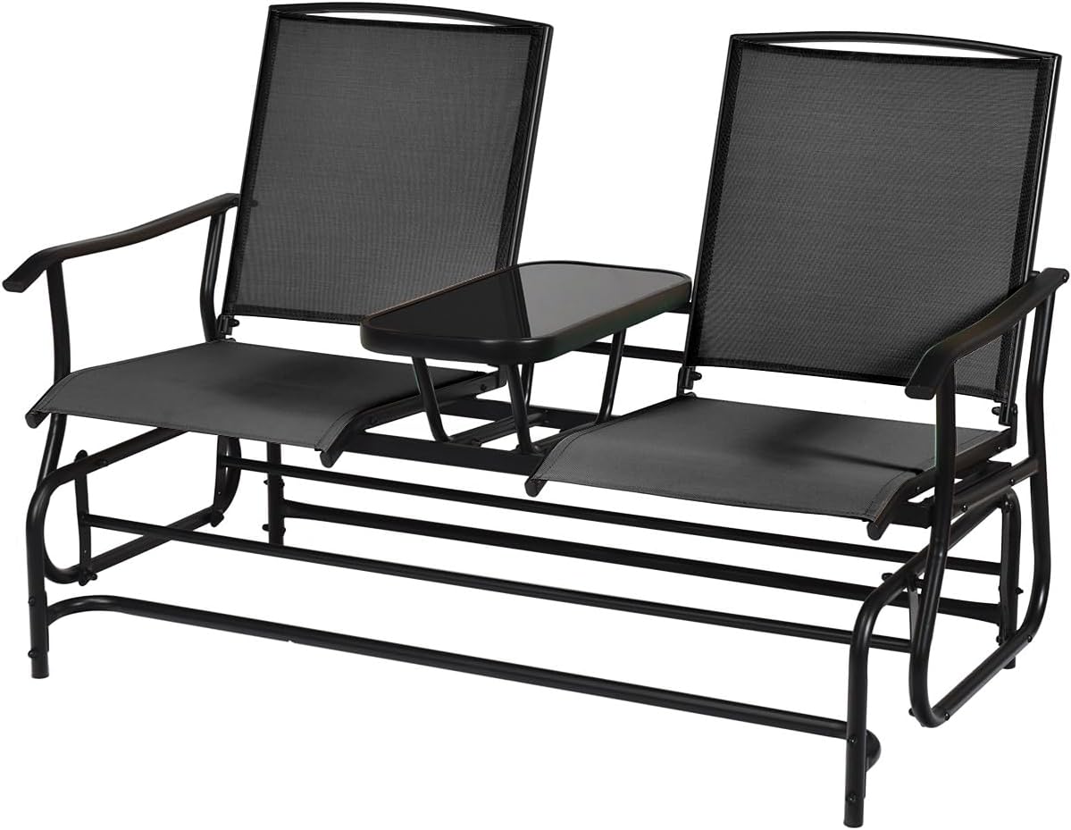 Nightcore 2-Person Outdoor Glider Bench, Porch Glider Chair w/Center Tempered Glass Table, Sturdy Metal Frame, Glider Swing w/Breathable Fabric, Rocking Chair for Outside Patio, Balcony (Black)