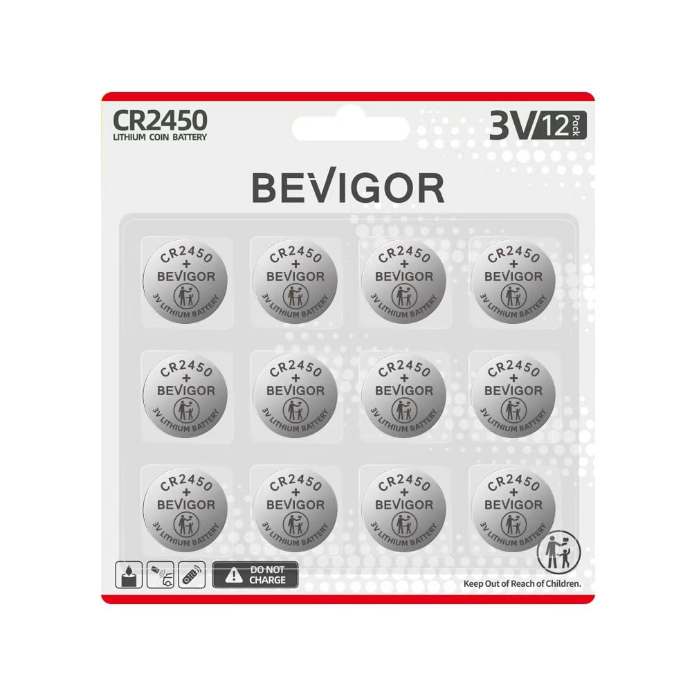 Bevigor 2450 Batterie Kompatibel mit Fitnessgeräten CR2450 Lithium 3V Münzbatterie für Kindersicherheit, Auto Alarm, passend für Schlüsselanhänger, Uhr und mehr (CR2450-12)