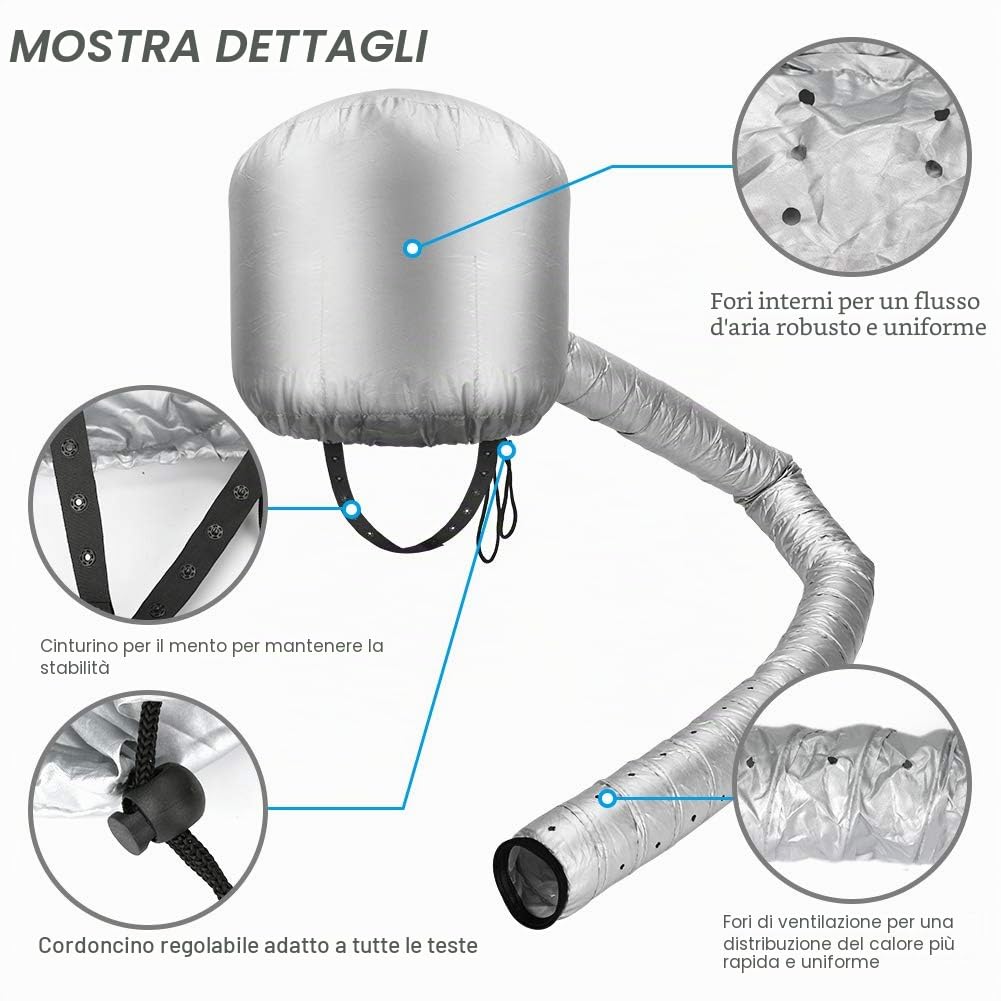 Casco per asciugatura cuffia asciugacapelli, Welltop cuffia termica per capelliper capelli regolabile a mano libera Utilizzato per asciugatura, acconciatura, arricciatura (Argento)
