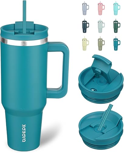 Miniatura 1 de BJPKPK - Vasos con aislamiento térmico, con asa y pajilla, vasos térmicos de acero inoxidable de 40 onzas con tapa, color laguna