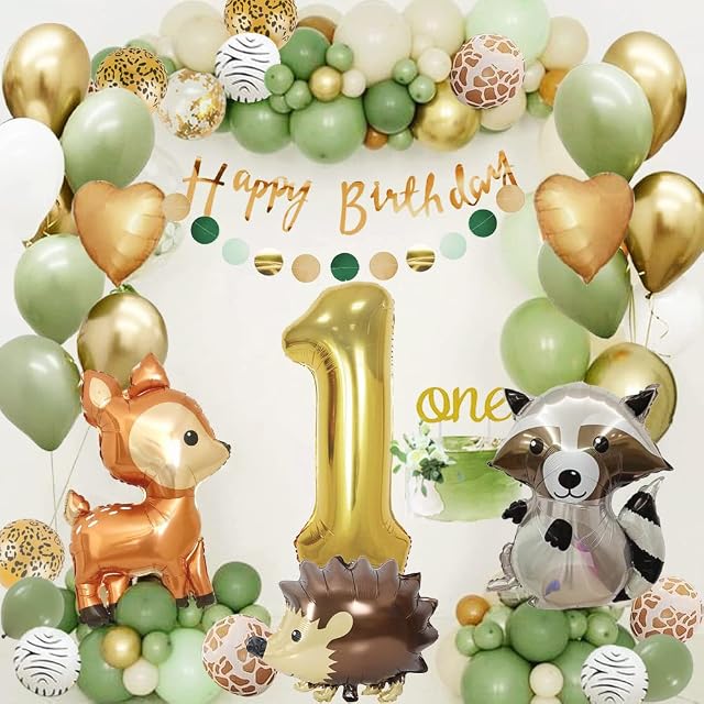 1st Birthday Decorations Boy Girl, First Birthday Decoration, Sage Green 1st Party Balloons with Number 1 Foil Balloon and Happy Birthday Banner for Wild One Safari Party Decoration