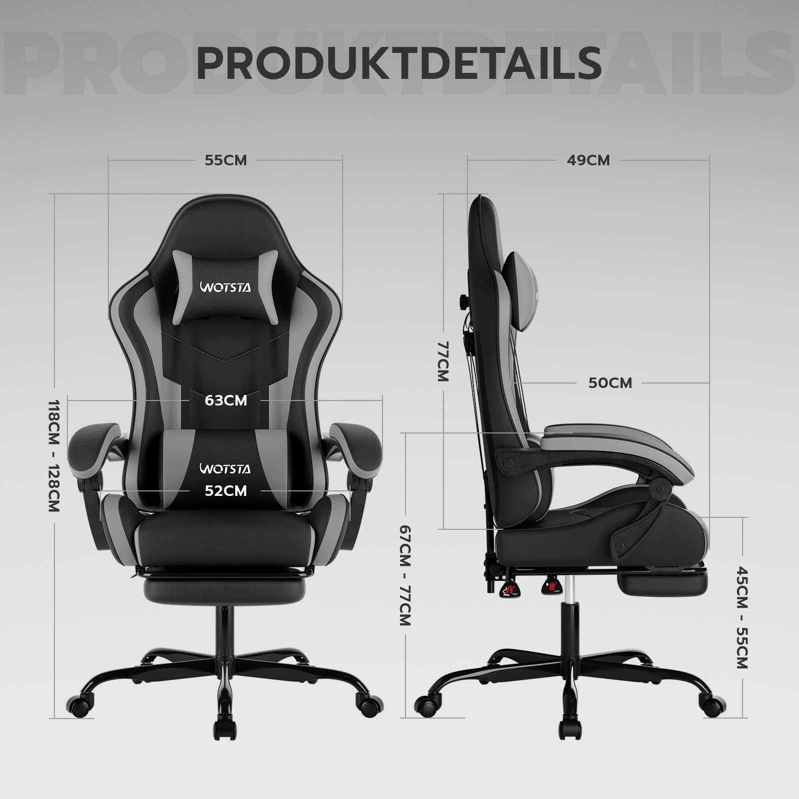 WOTSTA Gaming Stuhl mit Lendenwirbelstütze Höhenverstellbarer Gaming Sessel – Ansicht 3