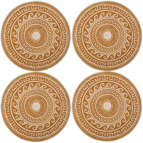 Image of Dining Table Mats Set of 4 | Cotton Table Mat 32 cm Diameter, Encasa XO Washable Round Table Mats, Heat Resistance Dining Table Placemats, Handmade Ribbed Style for Centre Table, Mustard Mandala Print
