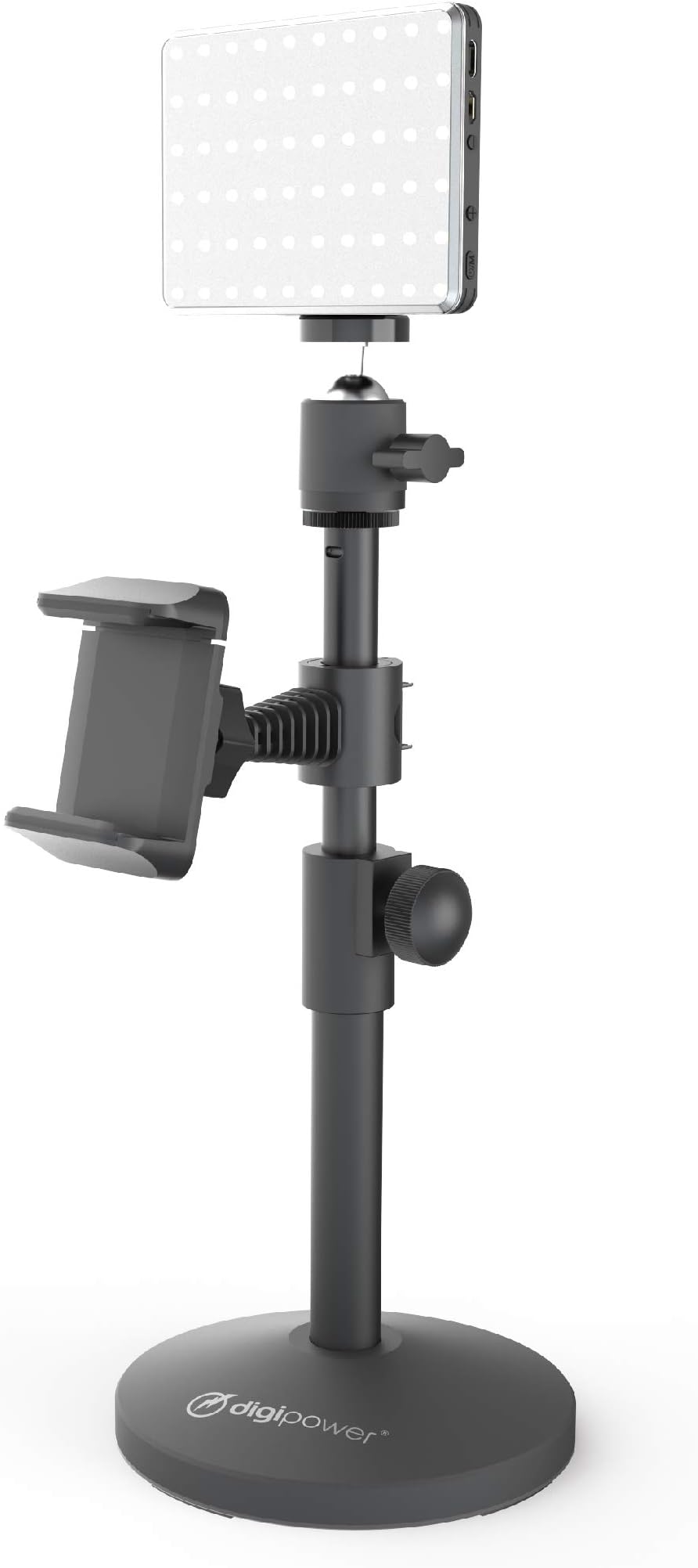 DigiPowerAchiever Metal Smartphone Stand with 60 LED Video Light, Height Adjustable Phone Holder, Compatible with Smartphones