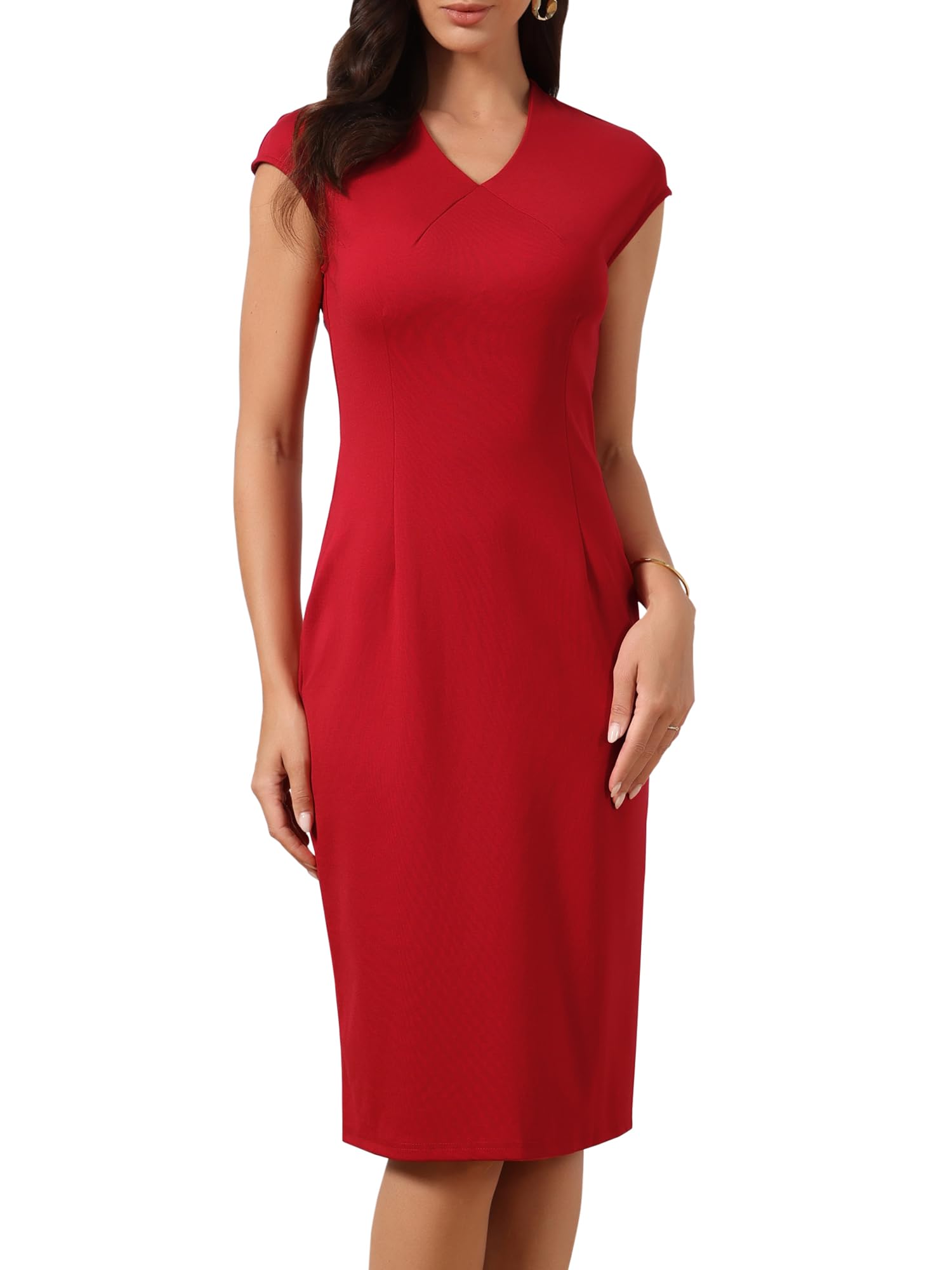 Allegra K Work Dress for Women Work Office V Neck Cap Sleeve Knee Length Elegant Bodycon Sheath Dresses