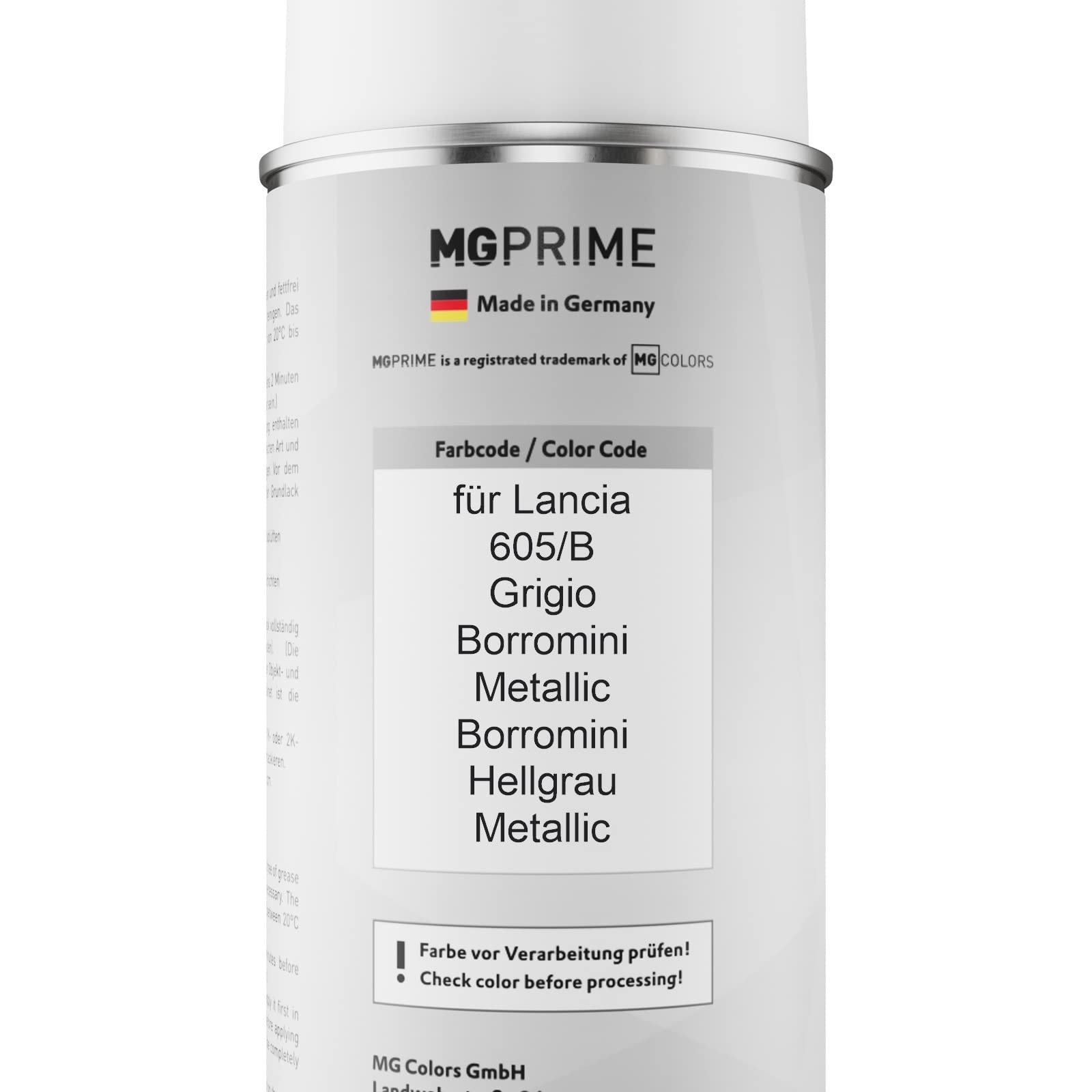 MG PRIME Vernice per auto Spray per Lancia 605/B Grigio Borromini Me. +1K | Borromini Hellgrau Metallic / Grigio Borromini Metallic, Kit vernice di base + trasparente, bombolette spray 400ml