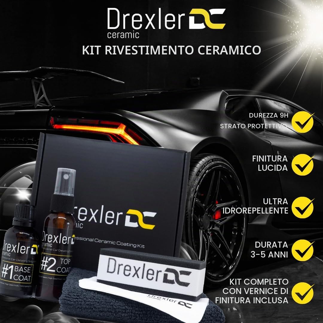 Kit Rivestimento Ceramico Drexler 9H per Auto – Protezione Professionale, 3-5 Anni di Lucentezza, Durezza 9H, Idrorepellente Extra, Finitura Brillante ad Alto Gloss