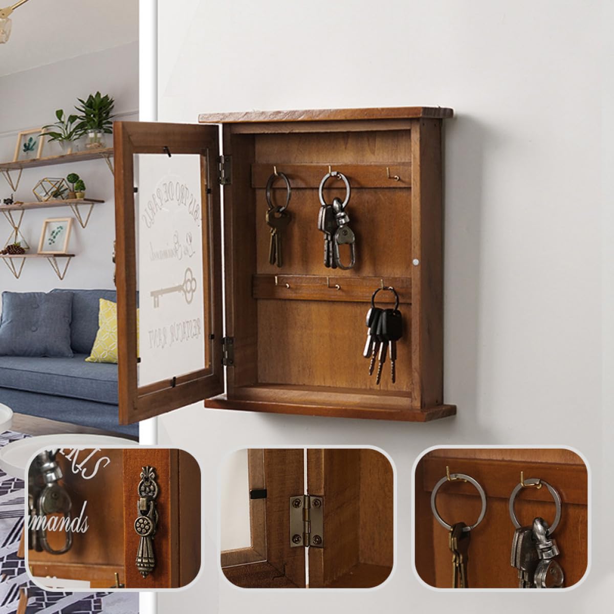 Armadietto Portachiavi in Legno da Parete, Cassetta Portachiavi Sospesa per Corridoio e Soggiorno, Supporto Chiavi Multifunzionale Resistente e Decorazione Murale Pratica