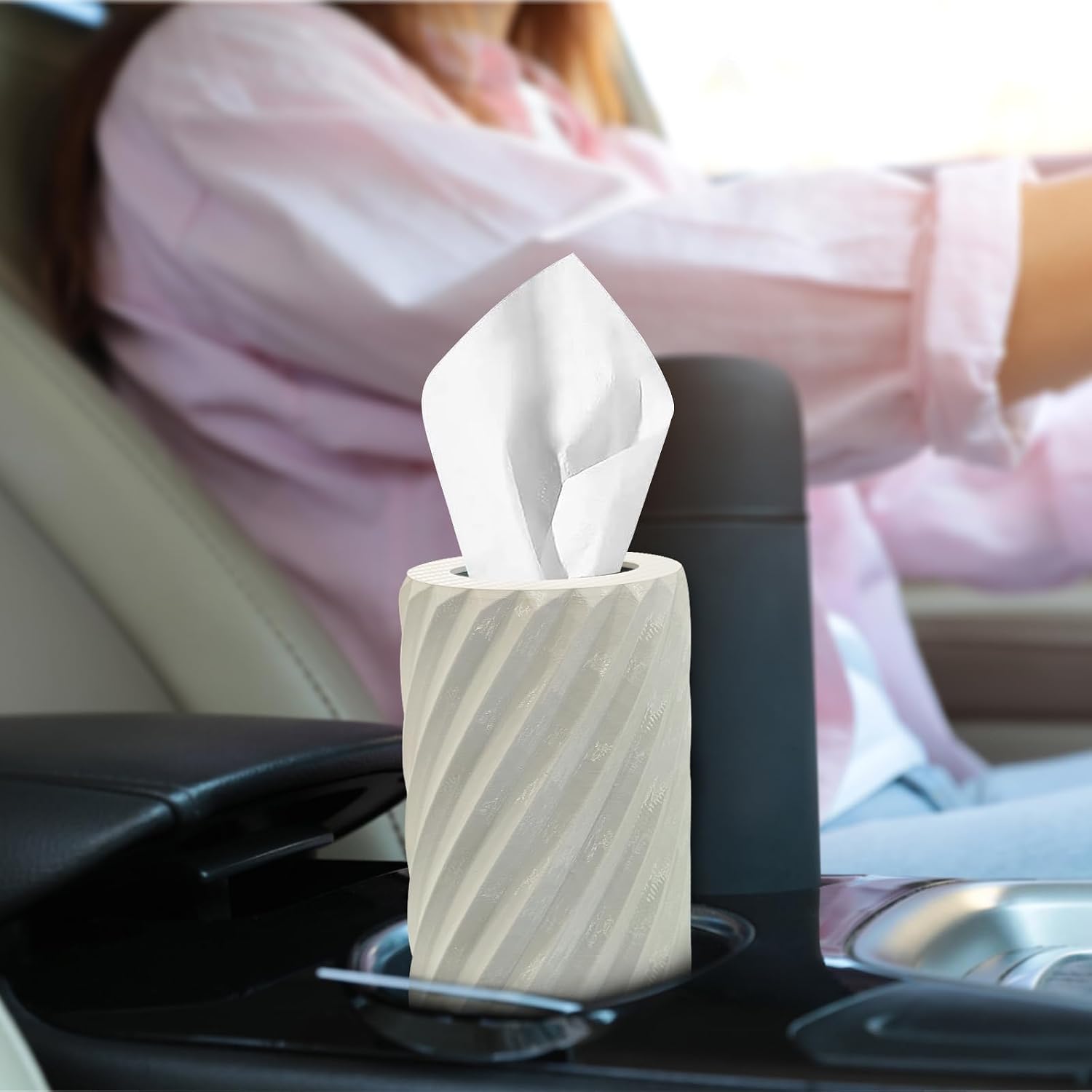 Car Tissue Holder, Refillable Round Cylinder with 3 Tissue Packs, Universal Fit for Vehicle Cup Holder, Home & Office, Car Accessories Interior (Light Grey) image 2