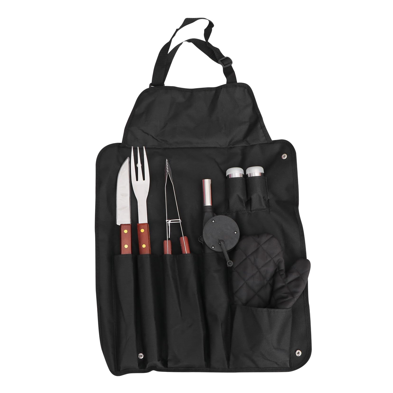 Set Utensili Barbecue 8 Pezzi Manico in Legno e Borsa | Acciaio Inox, Design Compatto, Cinghie di Fissaggio, Nero per Barbecue Party e Uso Outdoor