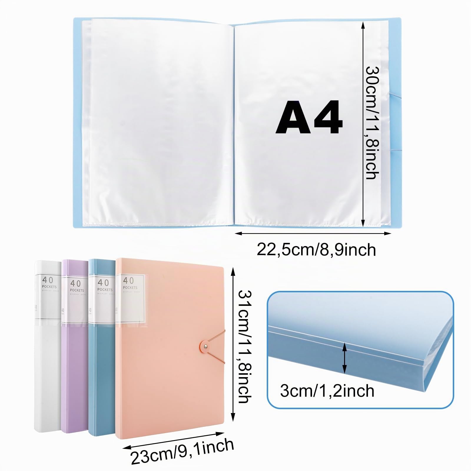 8 piezas Carpeta de presentación A4 con fundas transparentes, carpeta de 40 bolsillos con fundas transparentes, carpeta de presentación A4 para presentaciones, escuela, oficina (4 colores)