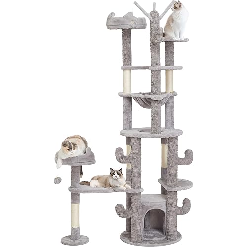 M&Catree Cat Tree 71" Tall Large Cat Tower for Indoor Cats, Multi-Level Cat Furniture Condo with Hammock, Scratching Post & Padded Plush Perch - Gray, 180CM