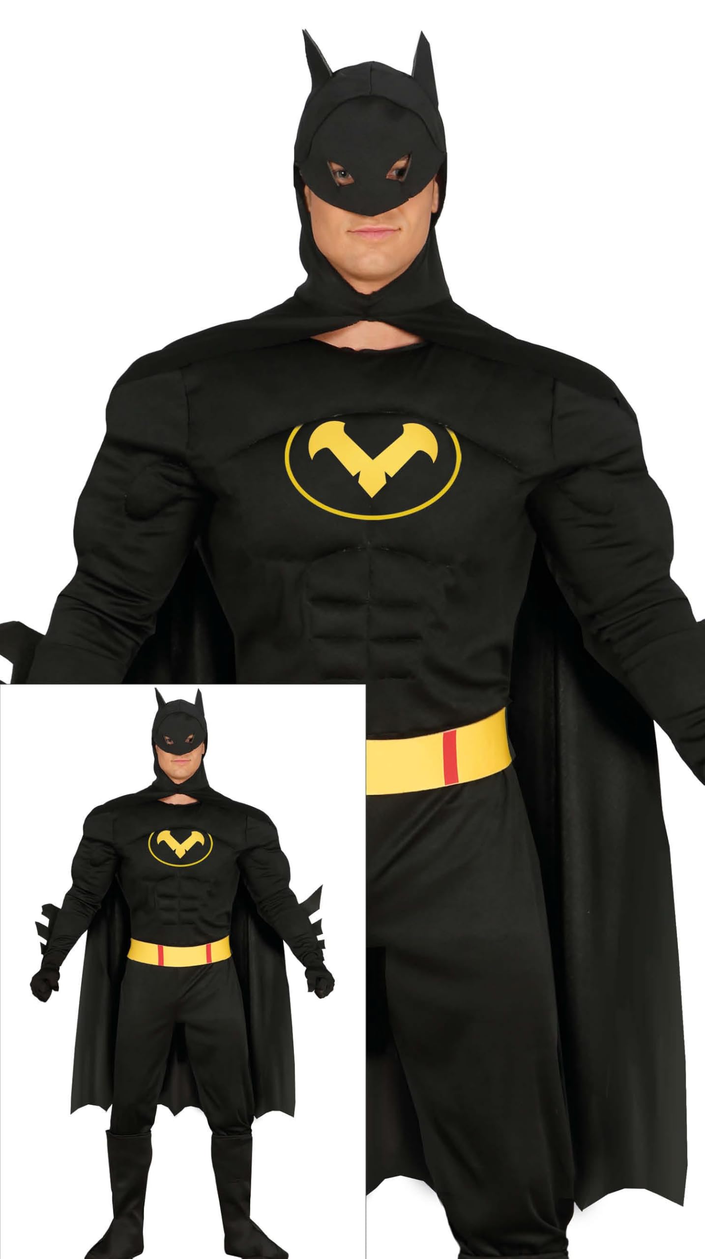 FIESTAS GUIRCA | Disfraz Black Hero - Capa, Capucha, Cinturón y Mono - Disfraces de Superhéroes y Villanos para Halloween, Carnaval y Fiestas de Disfraces - Adulto y Adolescente - Negro