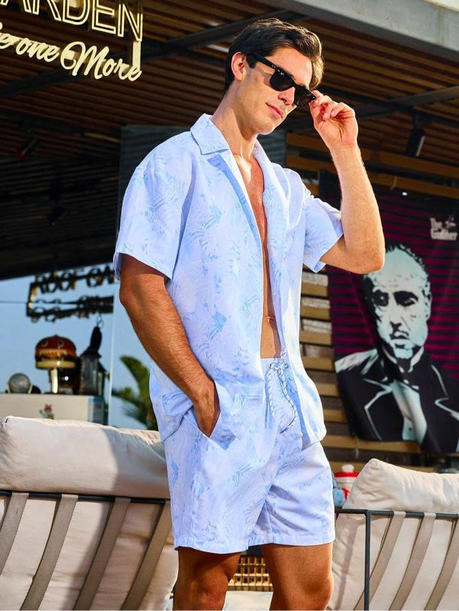 Image of GRECIILOOKS Men's Co Ord Set |Printed Shirt and Shorts Set for Men |Summer Loungewear, Beachwear & Night Suit for Daily Comfort | Nightwear Set for Mens