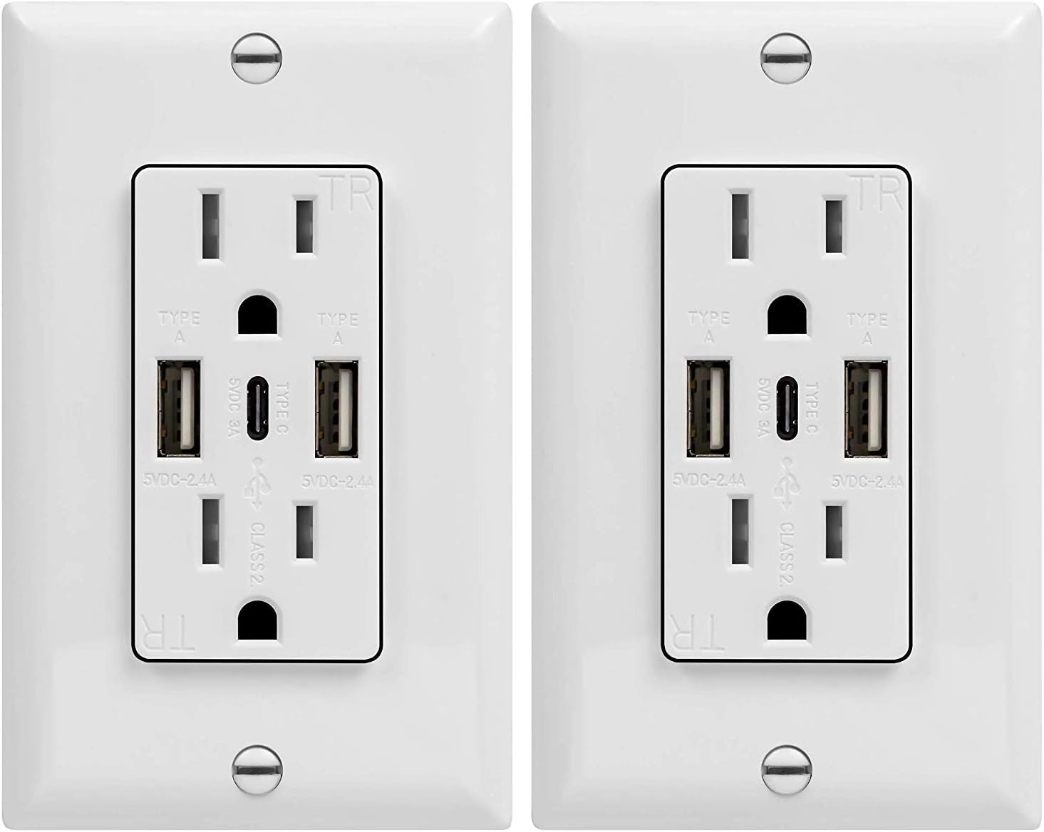 TOPGREENERUSB Outlet, 5.8A 3-Port Type C Wall 15 Amp Tamper-Resistant Receptacle Plug, Compatible with iPhone 15 Series & More, UL Listed, TU21558AC3-2PCS, White, 2 Pack