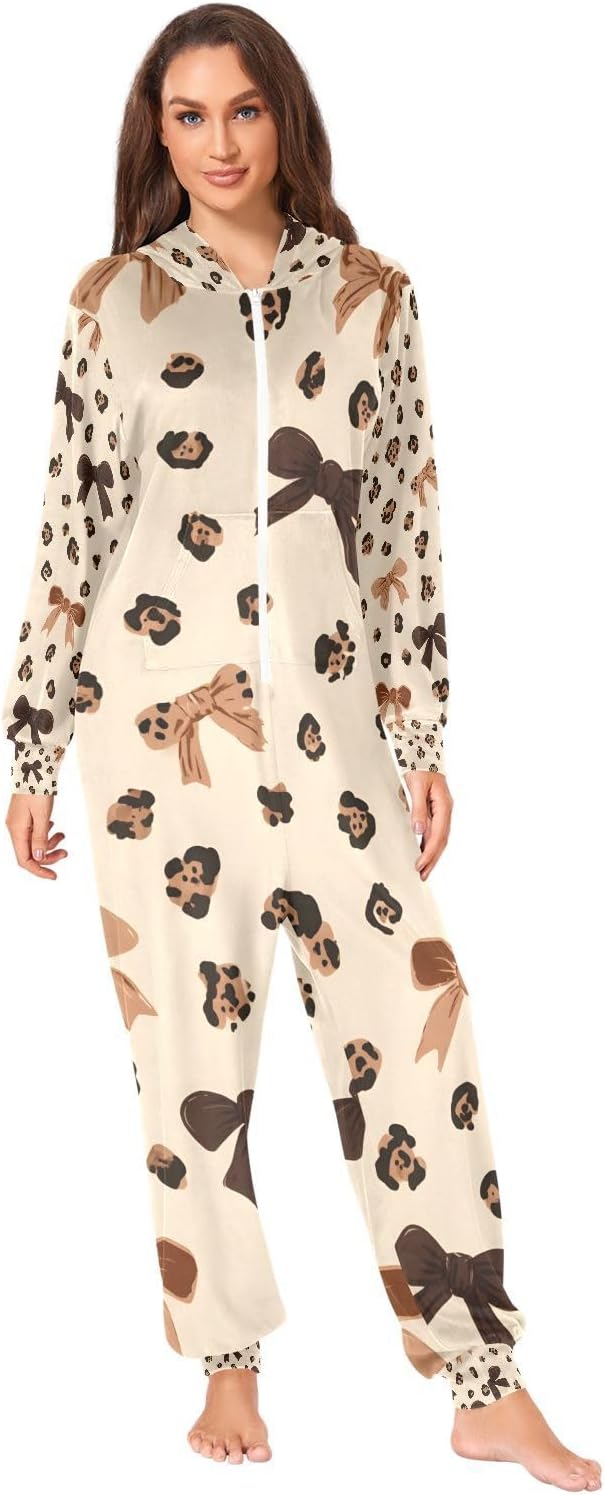Leopard Print Cheetah Bow Pattern Unisex Adult Onesie Pajamas Comfy One Piece Costume Jumpsuits Novelty Sleepwear Homewear for Men Women
