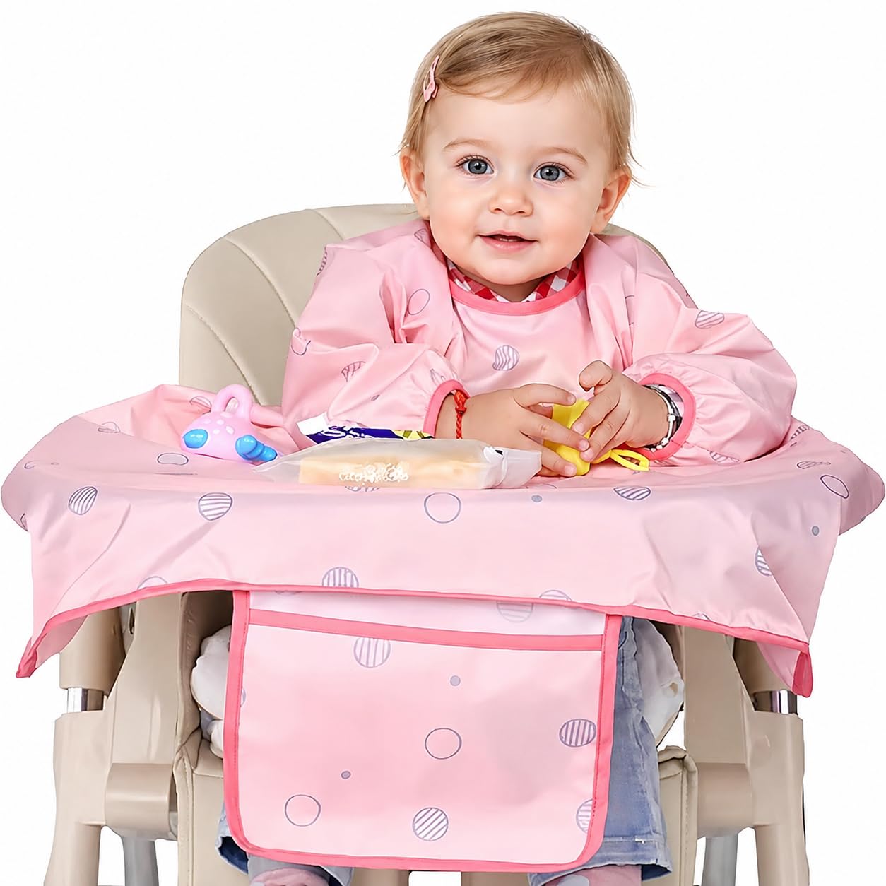 Long Sleeve Baby Feeding Bib Waterproof Apron, Coverall Weaning Smock with Food Catcher Pocket, Attaches to Highchair & Table, Washable Reusable Toddler Bib, 6-36 Months (Pink)-image-43