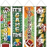 Breling 4 Pack Football Field Backdrop Banner Decorations with Welcome 47.24' x 11.81' Large Football Background Game Time for Sport Themed Birthday Party Decorations Wall Door Sign Decor
