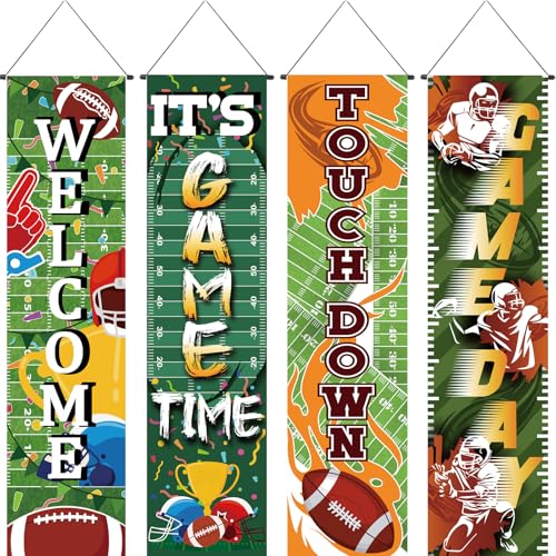 Breling 4 Pack Football Field Backdrop Banner Decorations with Welcome 47.24" x 11.81" Large Football Background Game Time for Sport Themed Birthday Party Decorations Wall Door Sign Decor