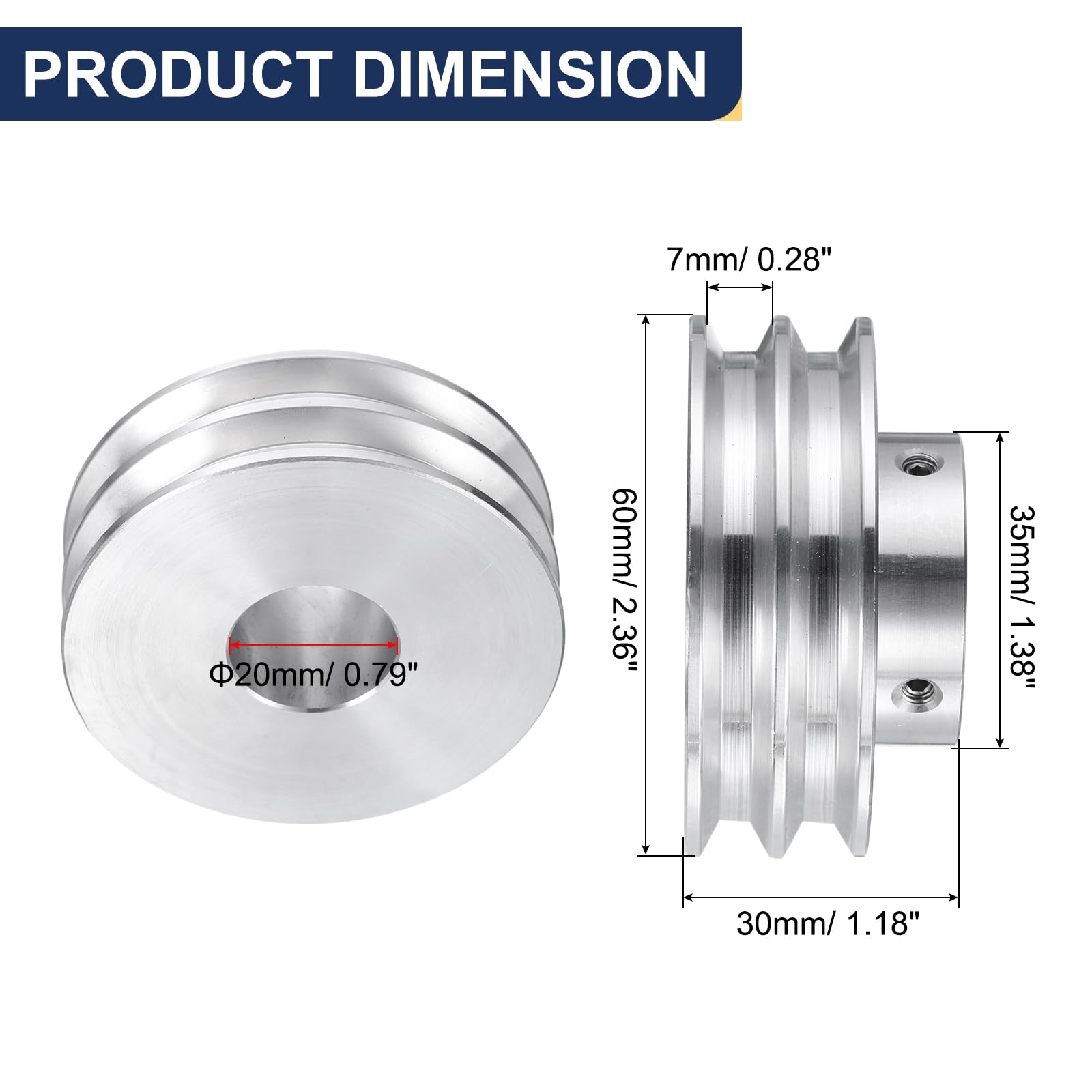 QUARKZMAN Puleggia a V Foro 20mm Diametro Esterno 60mm Doppia Scanalatura in Lega di Alluminio per Macchina da Trapano per Albero Motore 6mm(1/4") Cintura Sagomata in PU