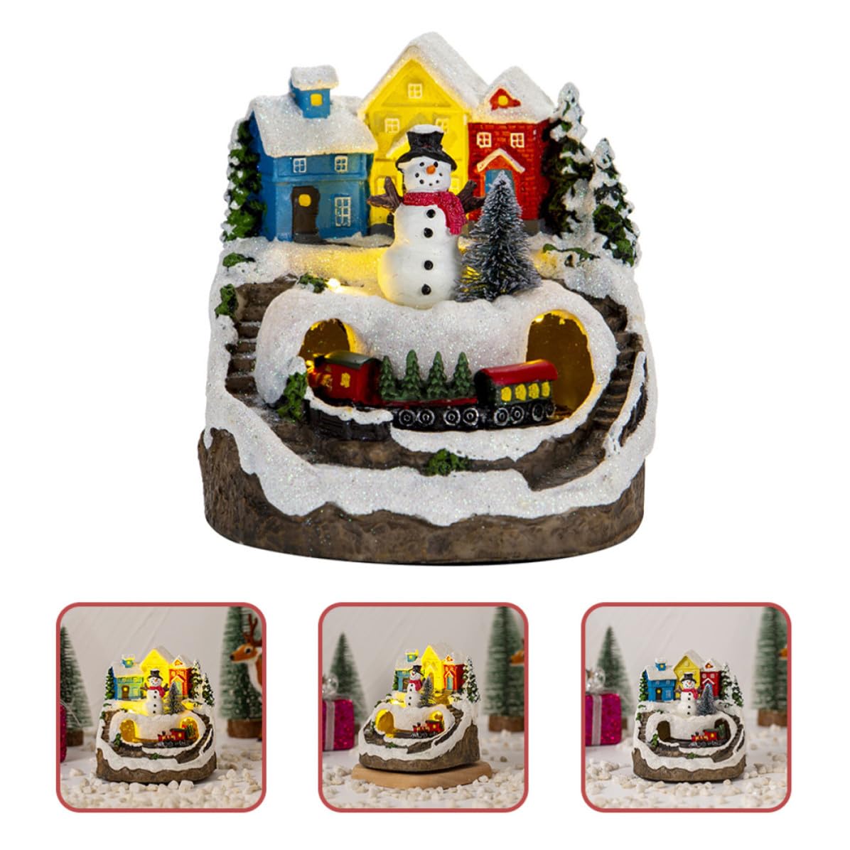 Casa de Navidad con Luz y Música en Resina, Decoración Navideña Tradicional con Tren para Mantel o Cocina, Adorno Iluminado Festivo