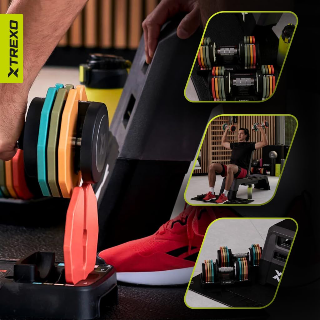 TREXO MULTICOLOR Verstellbare Hantelset 2x 5 kg Hanteln aus Stahl mit rutschfestem Griff Ideal für das Krafttraining zu Hause und im Fitnessstudio Verstellbare Hantel mit stabilem Standfuß