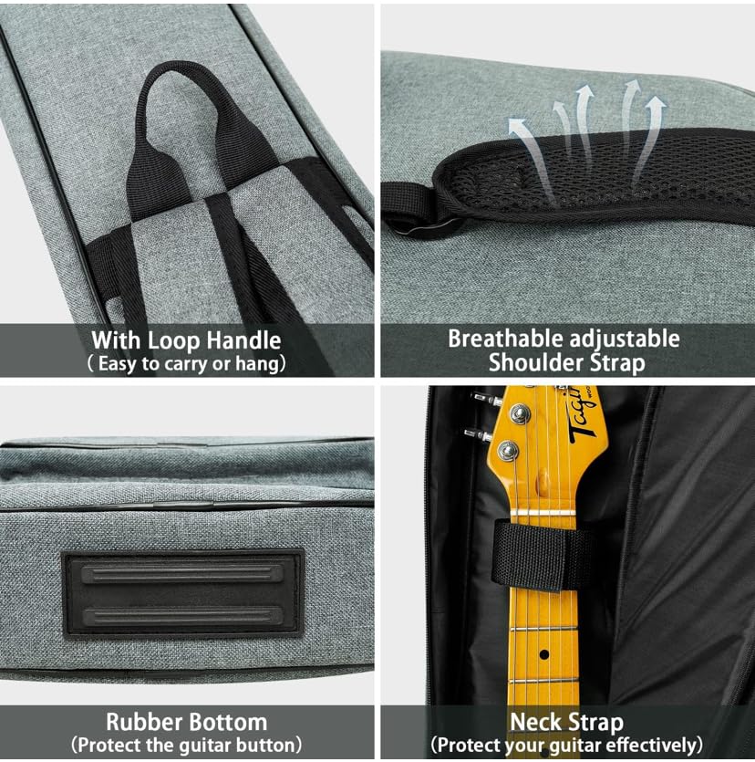 Image of The Melod Electric Guitar Gig Bag,Case,Cover, Waterproof Fabric Softener Padded Protective Case Neck Strap, Back Hanger with Storage Pockets, Loop, Premium Version, Gray, and Black Modern