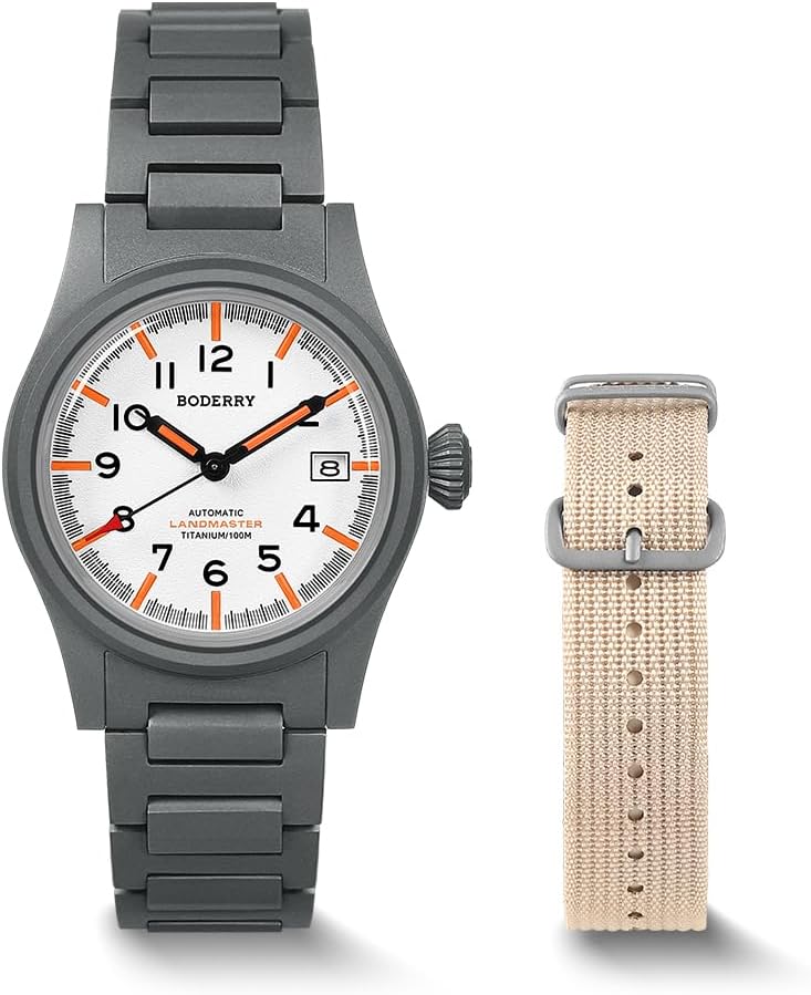 Men's 38mm Titanium Watch, Automatic, Military, Day/Date Function, 100M Waterproof, Nylon Strap, Japanese NH35 Movement, Screw-Down Crown — LANDMASTER