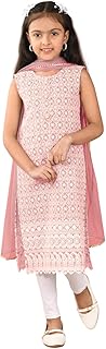 Lalti Fashion Girls Pink Chikankari Cotton Kurti Set, Traditional Embroidered, Sleeveless Angrakha with Dupatta and Leggings