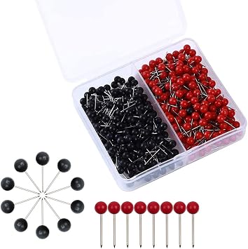 Round Head Map Push Pins 400pcs, 3/5-Inch Shining Plastic Sphere Head with Stainless Steel Point Decorative Tacks, 2 Assorted Colors Black & Red