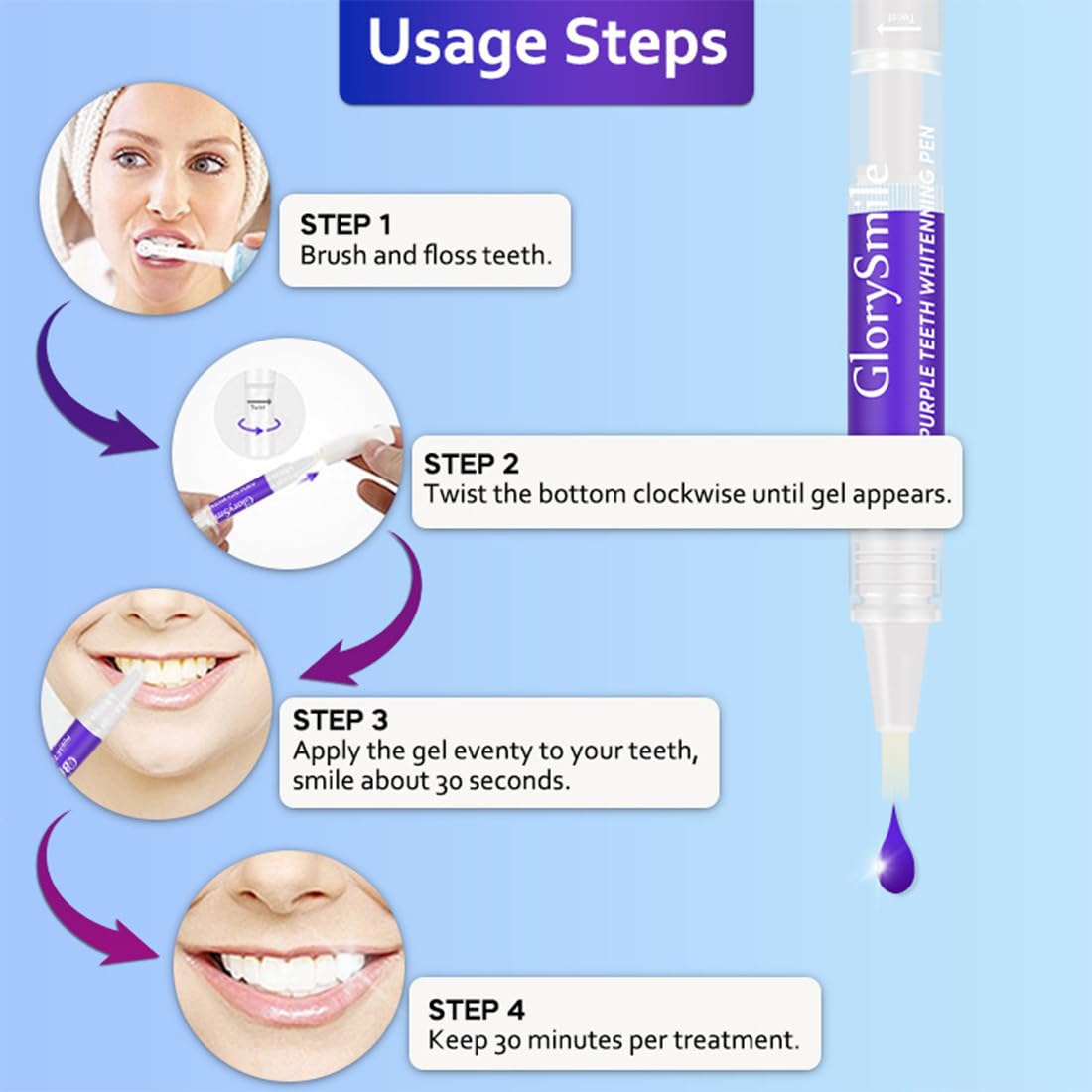 6 Pezzi Penna sbiancante viola, Strisce sbiancanti denti, efficace rimozione delle macchie, rapido sbiancamento dei denti, Penna sbiancante dei denti sicura per tutte le macchie dei denti