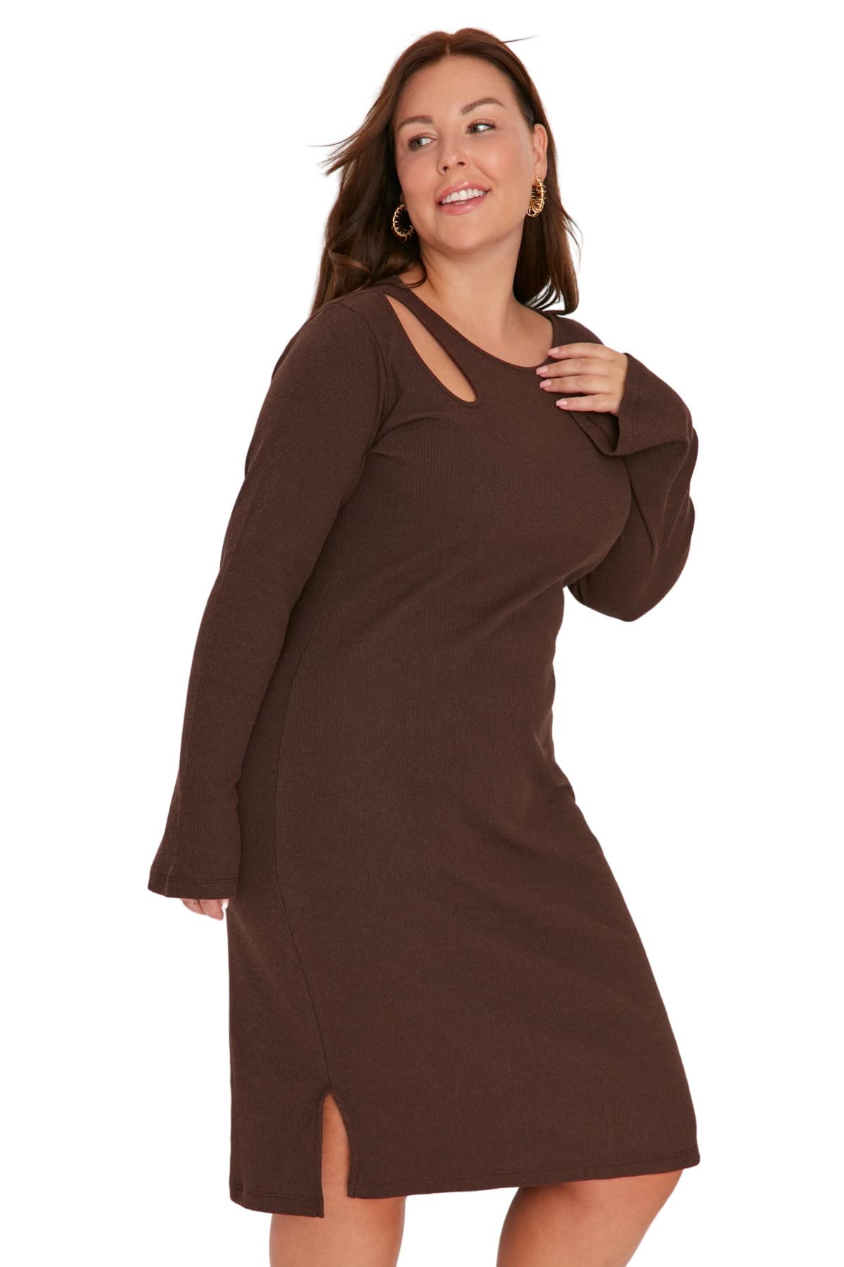 Trendyol Damen Braun Regular Skater V-Ausschnitt Webstoff Kleid, 42