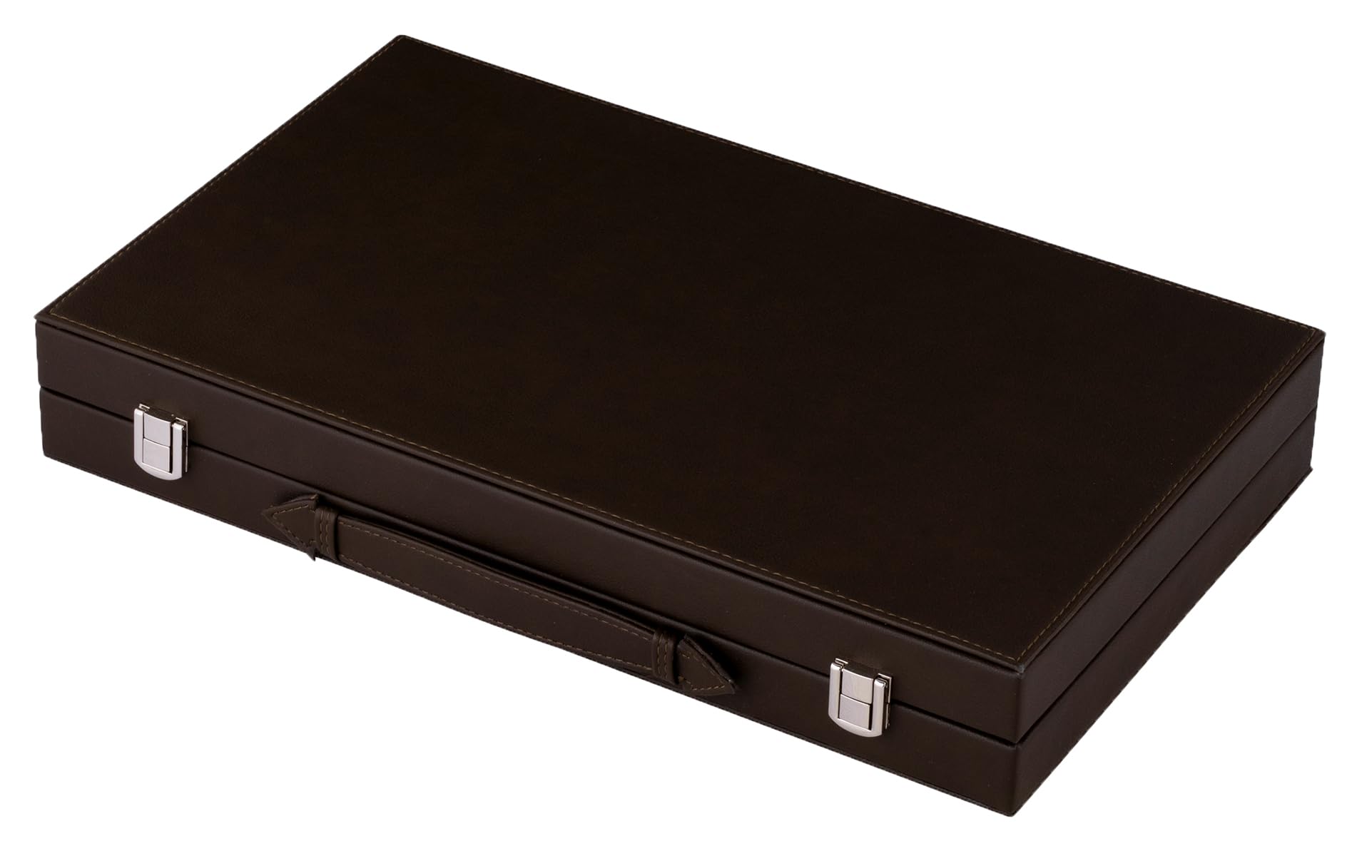 Engelhart-250562 – Backgammon en Cuir 15 Pouces (38.6 cm) Mallette Cuir de Luxe Olive & crème – Incrusté – Ouvert 47,4 × 38,6 cm – Pions Blanc/Noir – Dés et Gobelets – Jeu de Société de Luxe