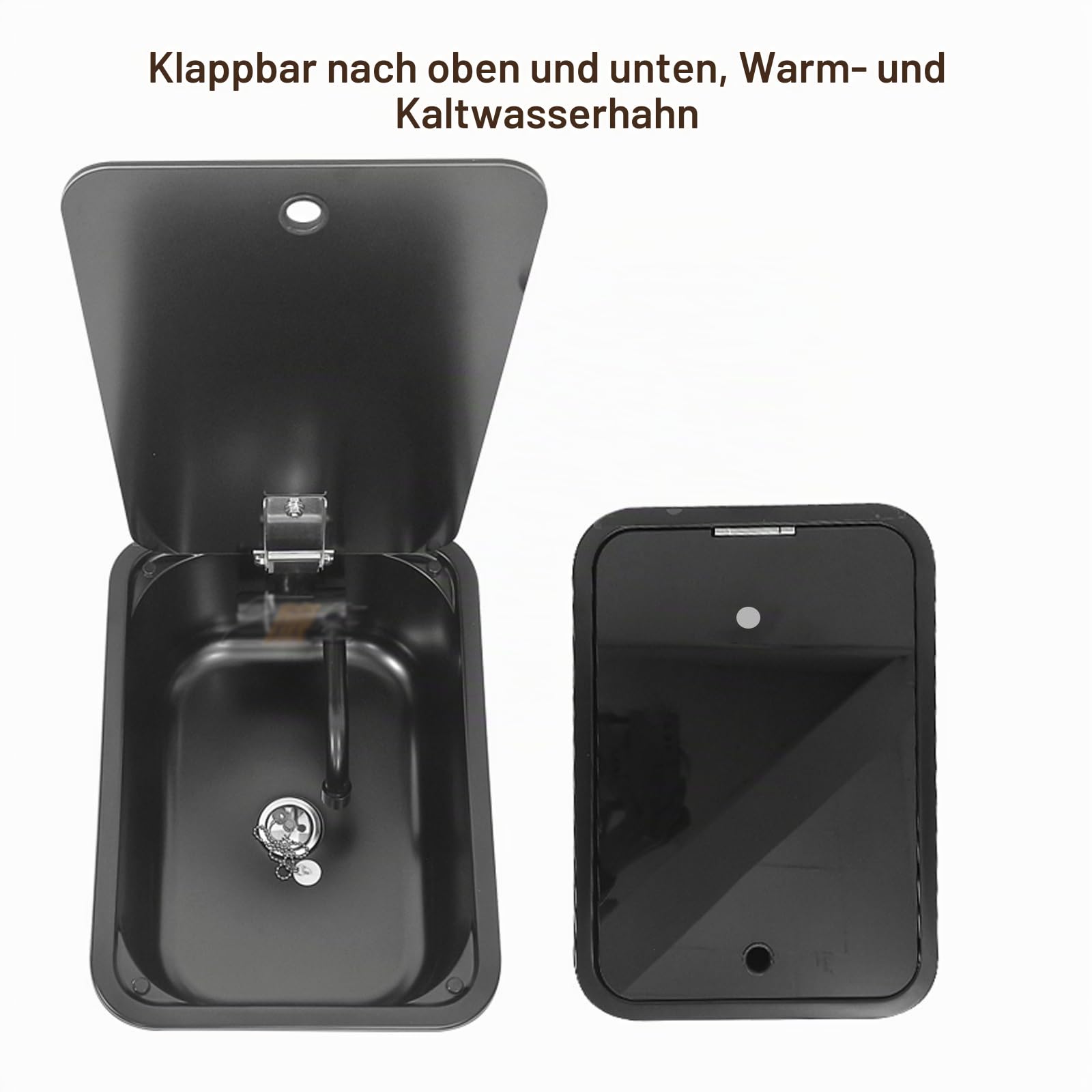 Camping Waschbecken mit Glasdeckel, RV Wohnmobil Spülbecken, Edelstahl 304, mit Ablaufgarnitur, Klapphahn Inklusive, für Wohnmobilanhänger, Yachten, 380 X 280 X 146 Mm, Schwarz